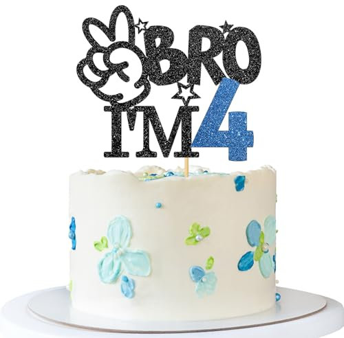 Bro I'm 4 Cake Topper - Boy 4th Birthday Cake Supplies - Four Years Old - Big Brother 4th Birthday Party Decoration - Black Blue Glitter