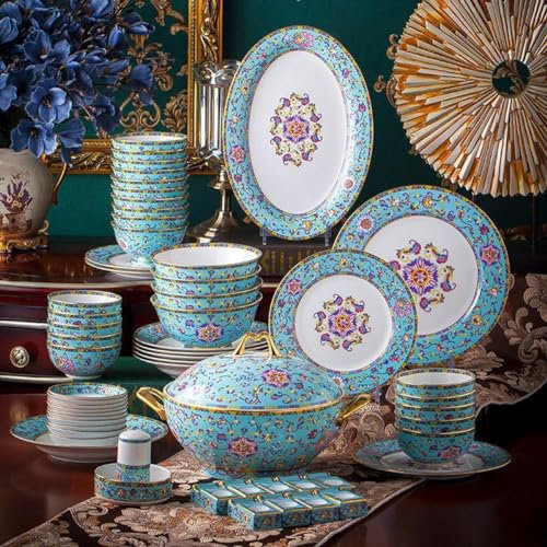 Service de Table en Porcelaine Bleue et Blanche de Style Palais européen, 80 pièces, Vaisselle en céramique émaillée de Luxe avec Bordure dorée, Ensemble de Bols et d'assiettes, ca
