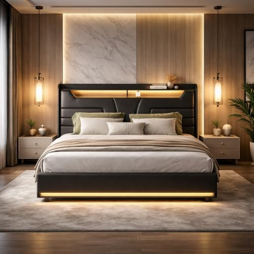 QMTXBYJ Polsterbett Doppelbett 140x200 cm, Hydraulisches Bett 140x200 mit Bettkasten und Lattenrost, Staufach-Kopfteil mit LED und USB-Ladestation, Boxspringbett Stauraumbett Jugendbett, PU