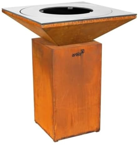 ARTISS Braciere 74 x 74 x 95 cm in acciaio corten & griglia in acciaio inox con griglia Plancha e scatola cenere per esterni in marrone per giardino, terrazza e barbecue