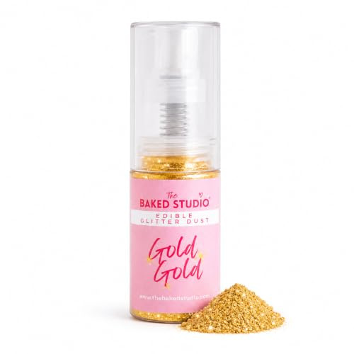 The Baked Studio Edible Glitter Dust – Pump Bottle | 100% Edible, Vegan & Halal | Easy-Spray Sparkle for Cakes, Cupcakes, Cookies & More (Gold Gold 10g)