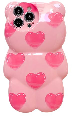 SGVAHY Coque pour iPhone 15 Pro - Motif 3D de dessin animé mignon Kawaii - Ours en forme de cœur rose - Coque de protection en silicone souple et résistante aux chocs - Pour enfants et filles