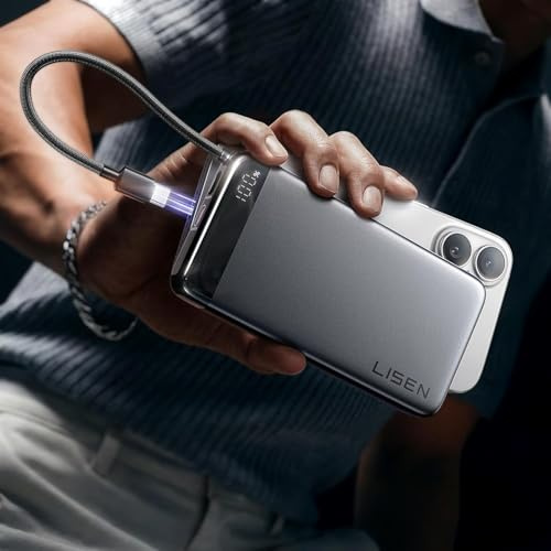 LISEN 20000mAh CCC Certified Power Bank with Built in USB-C Cable, 55W Travel Power Bank Fast Charging Flight Approved Portable Charger All Alloy USB C Powerbank for iPhone 17-15, Samsung, iPad