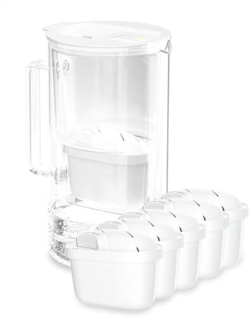 Wessper carafe filtrante en verre 2L avec compteur LED, 5 cartouche - Blanc | carafe filtrante d'eau, pichet en verre, carafe eau compacte avec 2 cartouche filtrante à charbon actif, sans BPA