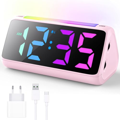 Wecker Digital, Digitaler Wecker Kinder mit Licht, Bunter LED Anzeige, 0-100% Helligkeitsdimmer, 2 Alarme, Snooze, 3 Lautstärke, USB Ladeanschluss, Kinderwecker für Schlafzimmer, Netzstrombetrieb