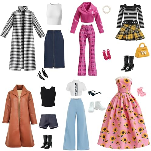 Zouonou 21 Stück Puppenkleidung Set für 11.5 Zoll Puppen, Hahnentritt Trenchcoat Outfit, Braune Lederjacke Shorts Set, Y2K Kleid, Trägerloses Sonnenblumen Kleid, Mode Zubehör Geschenk für Mädchen