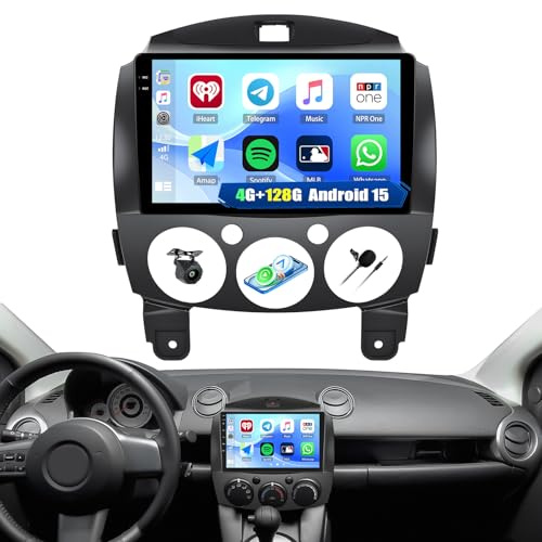 Android 15, 4G+128G GOHHDL Autoradio für Mazda 2 2007-2014 mit Wireless Carplay Android Auto, 9 Zoll Touch Radio 2Din mit GPS Navi WLAN Bluetooth FM/RDS EQ SWC Rückfahrkamera&Mic