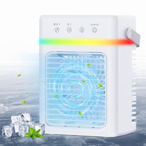Mini Aire Acondicionado Portatil 3 en 1, Enfriador de Aire 900ML con 3 Velocidades de Aire, 3 Niveles de Neblina, Temporizador 2/4/6H, Luz de Ambiente, USB 10W, Ideal para Habitación, Oficina y Viajes