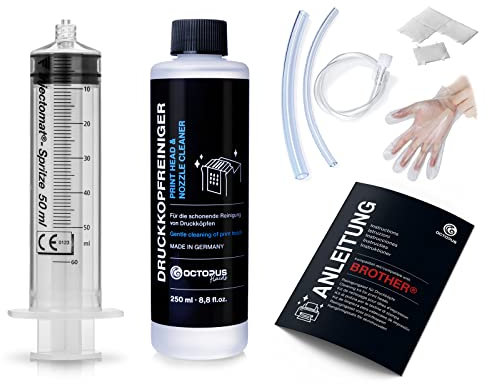 Octopus Düsenreiniger, Druckkopfreiniger kompatibel für Brother Druckköpfe mit Schlauchadaptern (250 ml)