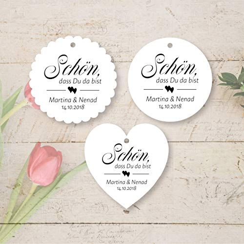 Geschenkanhänger Hochzeit „Schön, dass Du da bist“ – Papieranhänger & Tags für Gastgeschenke – Taufe, Kommunion, Konfirmation, Geburtstag – Herz, Kreis oder Wellenrand, personalisierbar