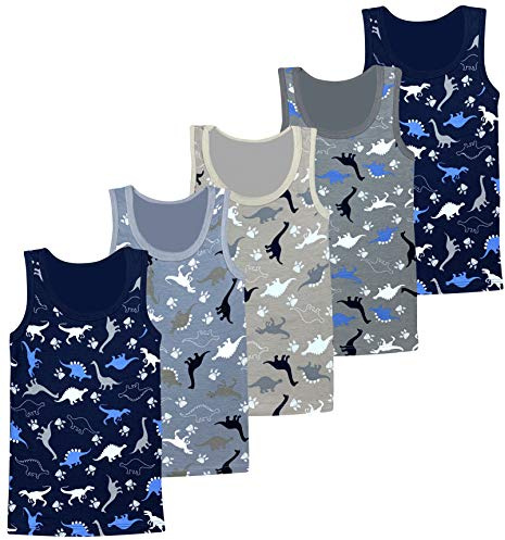 LOREZA ® 5 Camiseta Interior de Tirantes para niño - Algodón - Motivo Dinosaurios (116-122 (6-7 años))