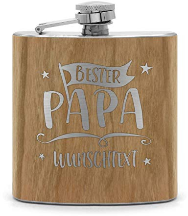 printplanet® - Holz Flachmann mit Name oder Text graviert - Schnaps-Flasche mit Namensgravur selbst gestalten - Motiv: Bester Papa