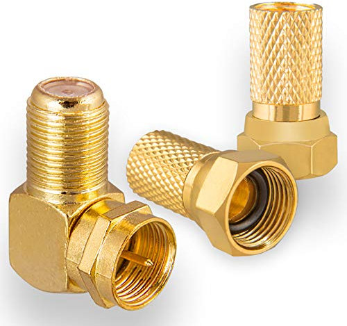 HB-DIGITAL Winkel-Adapter Set für SAT Anlagen: 2x F-Stecker (Vergoldet) + 1X F-Winkel-Adapter [F-Stecker (SAT, männlich) auf F-Buchse (SAT, weiblich)] rechtwinklig Ecke Steckverbinder 90° Grad