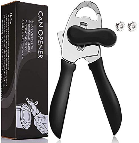 Can Opener, 4-in-1 Manual Opener for Tin, Beer, Bottle and Can Opener, Smooth Edge and Heavy Duty Stainless Steel Sharp Blade Hand Held Opener, Ultra Sharp Cutting Tools,Black