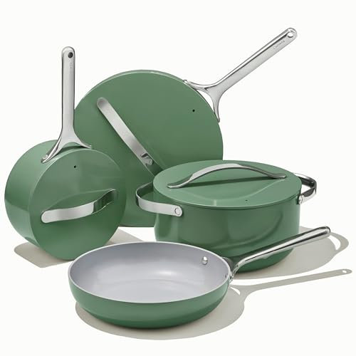 Caraway Nonstick Ceramic Cookware Set (12 Piece) Pots, Pans, Lids and Kitchen Storage - Non Toxic - Oven Safe & Compatible with All Stovetops - Sage