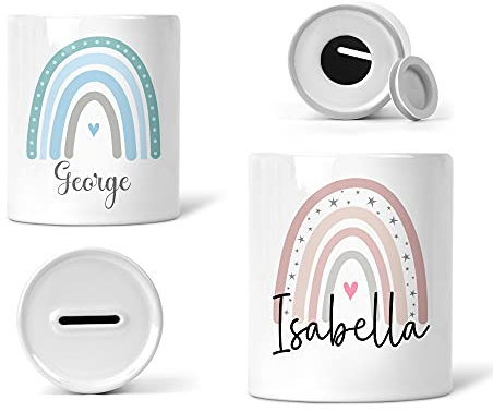 Personalised Rainbow Money Box – Custom Name Ceramic Savings Jar for Teens (14+) & Adults – Decorative Coin Bank – Pink or Blue – Stylish Home & Desk Gift
