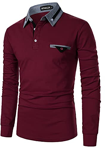 APAELEA Polo Homme Manches Longues Coton Contrasté Classique Golf Rugby Shirt Tops,Vin Rouge,L