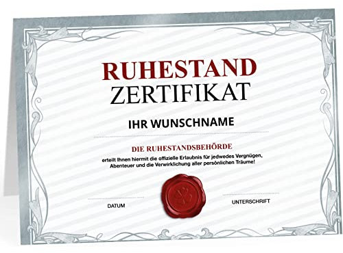 XXL Abschiedskarte PERSONALISIERT (A4) - Zertifikat - Urkunde modern - große Klappkarte für Kollegen mit Umschlag zur Rente Ruhestand Pension Kündigung