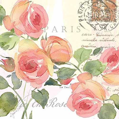 Bild auf gerollter Leinwand, La Vie En Rose II Paton Julie – Blumenmuster, quadratisch, Kunstdruck, rosa, grün, weiß, Text Typografie, Paris, französischer Fluss, 45,7 x 45,7 cm