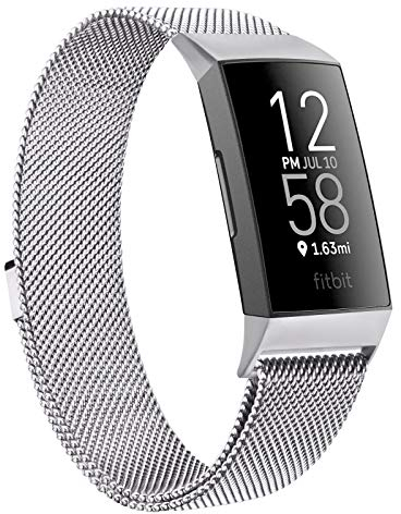 Amzpas Kompatible Für Fitbit Charge 3 Armband/Fitbit Charge 4 Armband, Metall Edelstahl Ersatzarmband Kompatibel mit Fitbit Charge 3/ Charge 4 (S, 01 Silber)