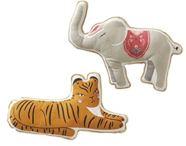 VERTBAUDET 2er-Pack Kinder Kissen,India, Tiere grau elefant+senfgelb tiger ONE SIZE