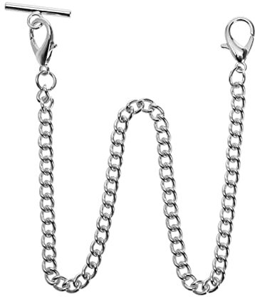 Create idea Taschenuhr Albert Weste Kette mit T-Stange & Karabinerverschlüssen, 35,6 cm, klassische Metall-Uhrenkette, Glieder- & Taschenuhrenständer, Single Link Vest Belt, silber