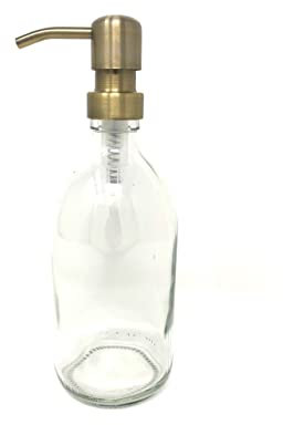 Various Sizes | Clear Glass Dispenser Bottle | Different Colour Metal Pump | Silver| Rose Gold | Black | Copper | Black Plastic (200 ml, Antique Brass Pump)