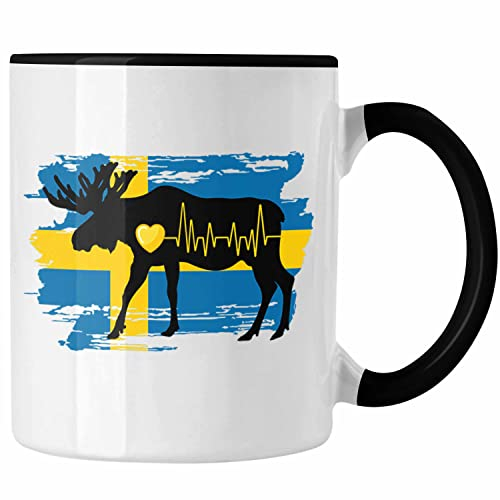 Trendation - Schweden Elch Herzschlag Tasse Geschenk für Schweden-Fans Hobby Geschenkidee (Schwarz)