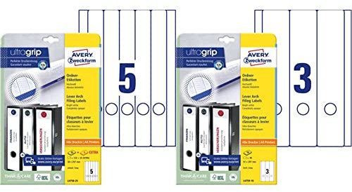 AVERY Zweckform L4758-25 Ordnerrücken Etiketten (150, 38x297mm auf A4, schmal/lang) 30 Blatt, weiß & L4759-10 Ordnerrücken Etiketten (30, 61x297mm auf A4, breit/lang) 10 Blatt, weiß