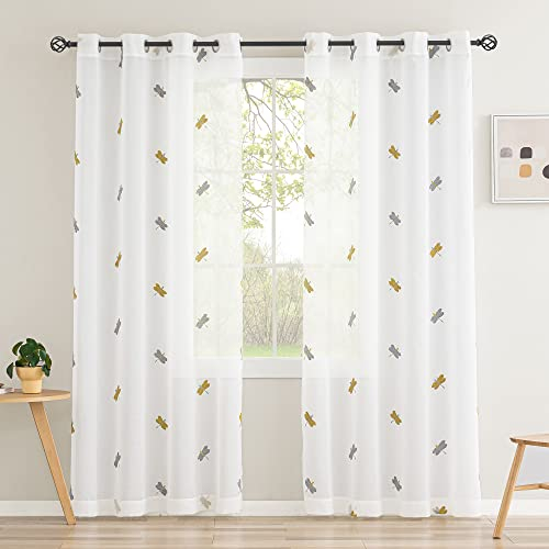 CUCRAF Voile Gardinen Vorhänge mit Schlaufen 3D Stickerei Libelle Gardinen Fensterschal Lichtdurchlässig für Wohnzimmer und Kinderzimmer,2er Set, H245CM X B140CM, Olive