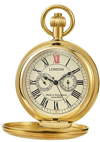 Whodoit Elegante Herren Mechanische Taschenuhr Mechanische Taschenuhren mit Kette Mechanische Taschenuhren mit Box für Männer, MW159-Gold, 复古