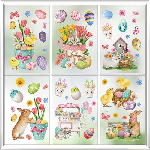 Fenstersticker Ostern Selbstklebend,9 Blätter Bunt Fensterbilder Ostern,Fensteraufkleber Ostern Kinder,Wiederverwendbar Ostereier Aufkleber Ostern Dekorationen für Schaufenster Glas Tür Frühling Decor