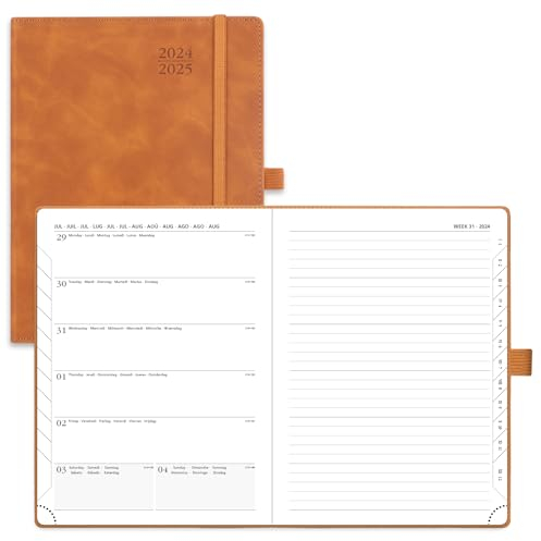 POPRUN Kalender 2025 Buchkalender A5 Notizbuch (Aug.2024-Dez.2025), ca. A5 (22 x 16,5 cm), Terminplaner, Wochenplaner 2025 Softcover mit PU-Leder, Zertifiziertem Papier - Braun