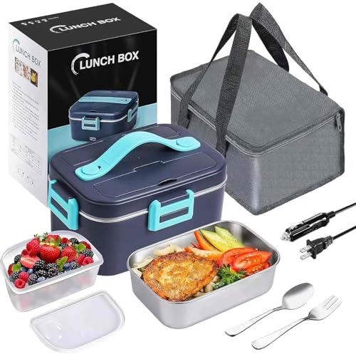 lifetter 80W Elektrische Lunchbox Tragbarer elektrischer Essenswärmer, beheizte Lunchbox für das Auto, 3 in 1, 12V+24V+230V, 1.8L beheizbare Lunchbox für Auto, Büro, Schule und Hausgebrauch (Blau)