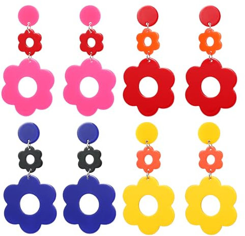 PHOGARY Boho Blumen Ohrringe, 4 Paare Hippie Ohrringe Damen 70er Jahre Accessoires für Mädchen, Acryl Blumenohrringe für Frauen, Harz-Böhmische-Ohrring Karneval Gänseblümchen Set, Neon Party Schmuck