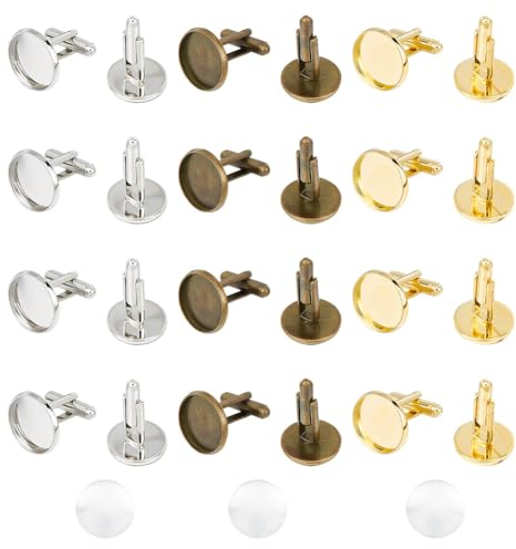 GOMAKERER 24 Stück 3 Farben Messing Blanko-Kuppel-Manschettenknöpfe Und 24 Stück Runde Glas-Cabochons, Dicke Runde Manschettenknöpfe Manschettenknöpfe-Herstellungsset Für Elegantes Geschenk
