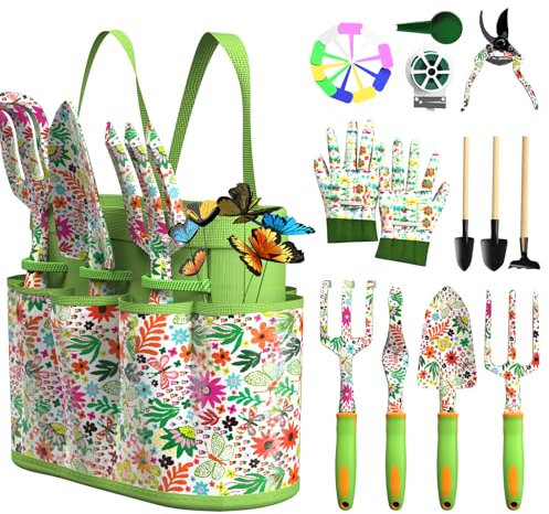 Garden Tools, 27 Pieces Gardening Tools, Heavy Duty Rust Proof Tools with Printing Organizer Handbag, Durable Garden Tools Gardening Gifts for Women & Men
