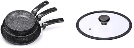 [Amazon Exclusive] Moneta Etnea Set 3 Padelle per Induzione, Alluminio, Antiaderente, Grigio/Nero, 20-24 - 28 cm & Etnea Coperchio Vetro, 28 cm