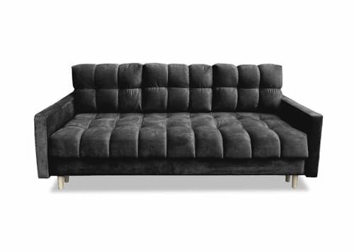 Meble Ares Stilvolles Sofa 3-Sitzer Rocco Mit Schlaffunktion und Bettkasten - Praktisches Ausziehbares Schlafsofa Mit Gesteppten Seiten - Holzbeine, Velours - Schwarz