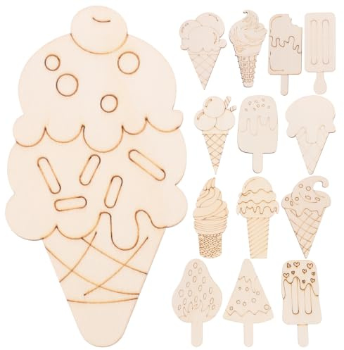 STOBOK 70Pcs Wooden Ice Cream Slices DIY Craft Kit Unfinished Wood Cutouts for Kids Graffiti Painting Art Projects and Decorative Tags