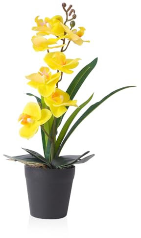 Lovmeety Real Touch Artificial Orchids Flower in Pot, Yellow Faux Orchids Flowers with Vase Fake Phalaenopsis Orchids Arrangement for Table Centerpiece Wedding Party Office Decor