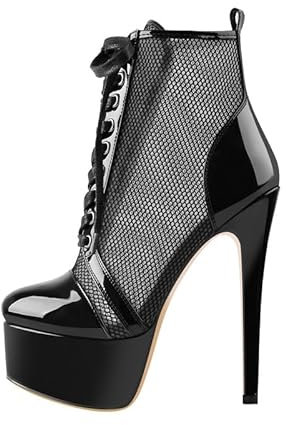 VERISSON Damen Stiefeletten Plateau Stiletto Mesh Boots Schnürboots Lack Schwarz 39 EU