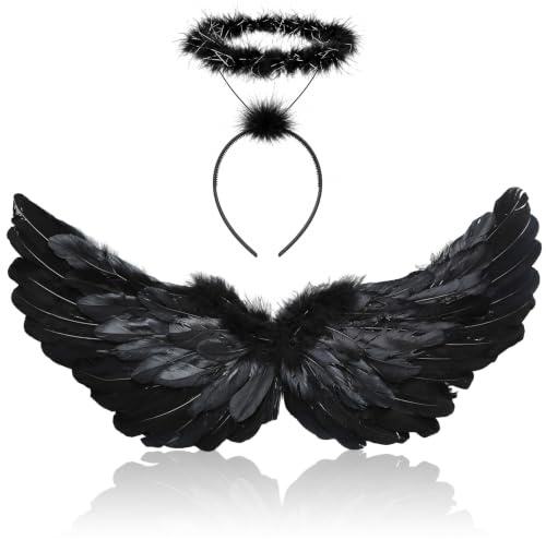 YeahBoom 80CM Engelsflügel Schwarz,Federflügel Engel mit Heiligenschein | Engels Flügel Kostüm für Damen,Engelsflügel Deko,Federflügel Engel für Party Fasching Kostüme Deko,Kostümparty Verkleidung