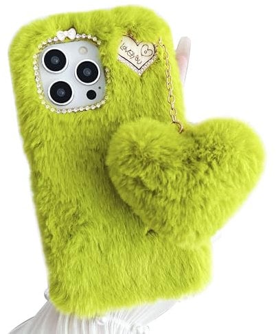 Fluffy Plush Case for iPhone 6s/6 4.7 Inch Heart-shaped Pendant TPU Bumper Protective Cover with Bling Diamond bowknot Cute Warm Winter for Women Girls Shockproof-Green