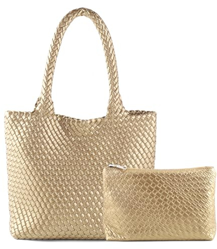 SLHFPX Handgewebte Tasche für Damen, oberer Griff, Schultertasche, veganes Leder, groß, für Reisen, Strand, Hobo-Handtasche