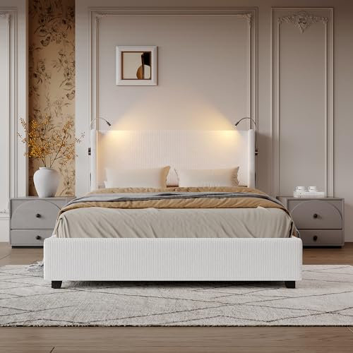 BLSYHDH Bett mit Bettkasten, 140 x 200 cm, mit Lattenrost, gepolstertes Bett, hydraulisch, Holzbett mit Leseleuchte mit Kopfteil und Lattenrost, Doppelbett mit Stauraum (Weiß, 140 x 200 cm)