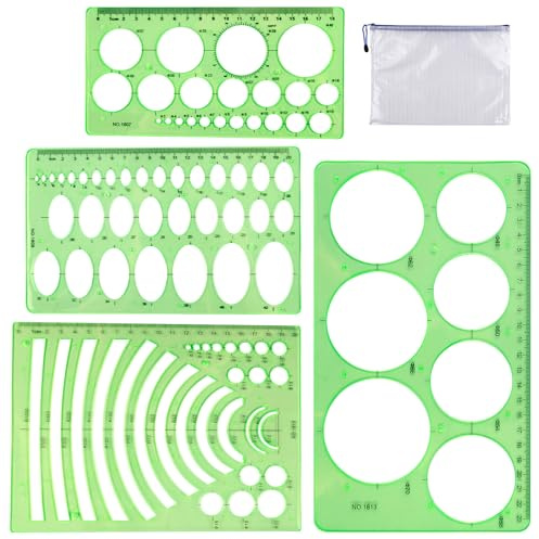 HotoPink 4 PCS Circle Stencil Set for Drawing, Plastic Circle Template for Geometry with 1 Pack of Poly Zipper Bag, Multi-Function Geometric Stencil Rulers Drawing for Study, Designing, Office