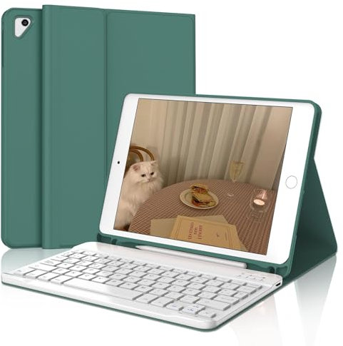 IVEOPPE Funda iPad 6 Generación 9.7 2018, Teclado Español Ñ Bluetooth Wireless Desmontable para iPad 6 2018/5 Gen 2017/Air 2/Air 1, Verde Oscuro