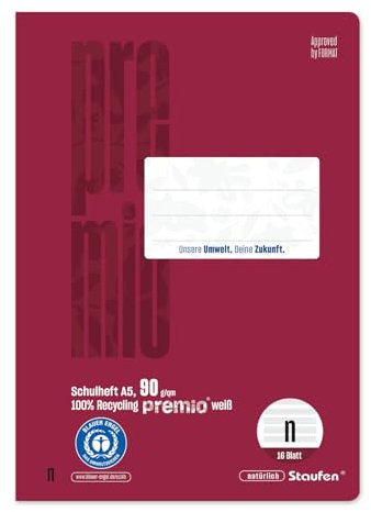 Staufen premio Notenheft - Heft mit 16 Blatt, 10 Stück, DIN A5, Lineatur N (6 Notensystem), 90 g/m² Recyclingpapier
