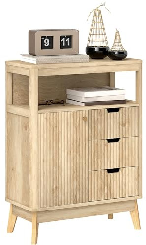 HOMCOM Sideboard, Fluted Modern Storage Cabinet with Single Door, Drawers and Adjustable Shelf for Living Room, Kitchen, Dining Room, Bathroom, Bedroom, Nature Wood Finish